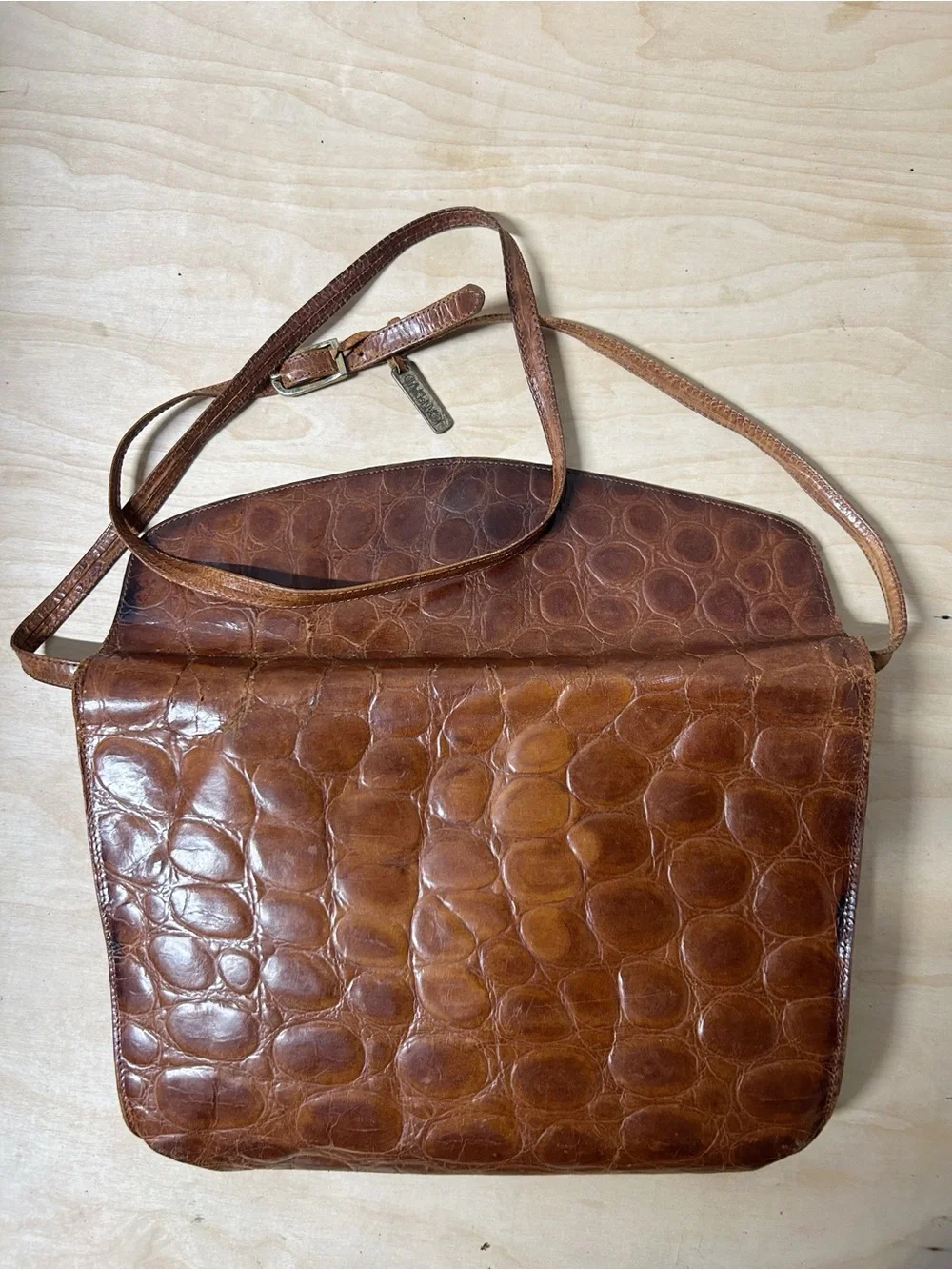 Joan & David Vintage Brown Croc-Embossed Leather Shoulder Bag